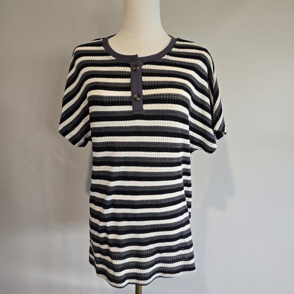 Tops - Black Gray White Striped Henley Tee Casual Minimal Streetwear Womens M Top